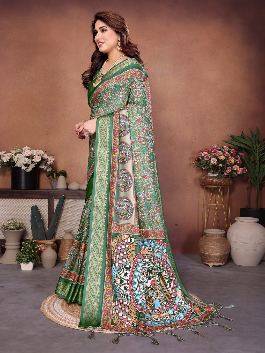 Green Multicolour Cotton Silk Saree with Digital Print, Jacquard Border & Tassels