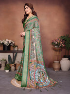 Green Multicolour Cotton Silk Saree with Digital Print, Jacquard Border & Tassels