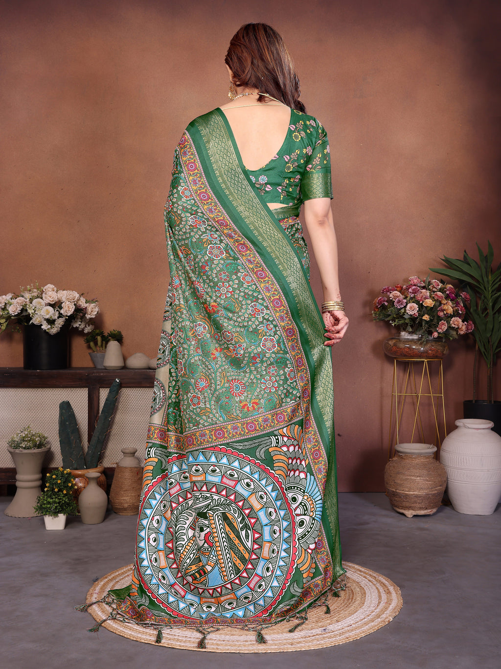 Green Multicolour Cotton Silk Saree with Digital Print, Jacquard Border & Tassels