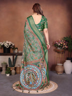 Green Multicolour Cotton Silk Saree with Digital Print, Jacquard Border & Tassels
