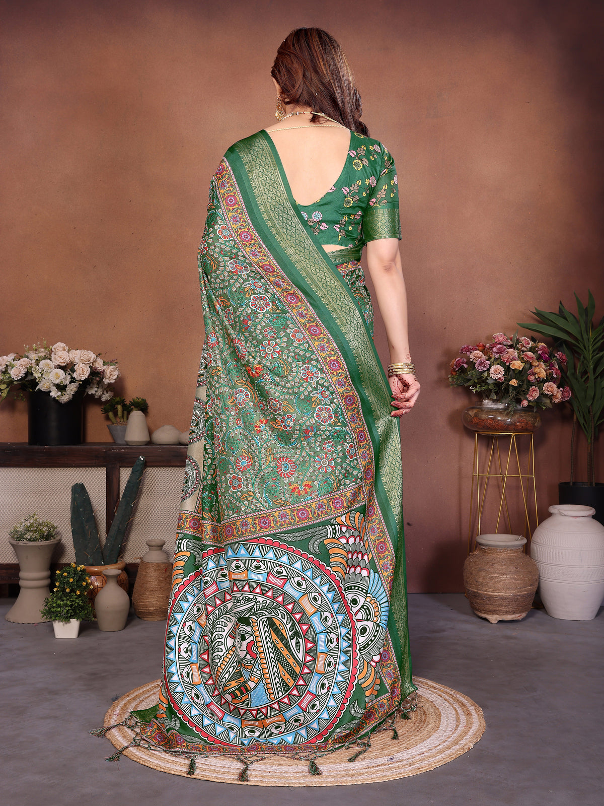 Green Multicolour Cotton Silk Saree with Digital Print, Jacquard Border & Tassels