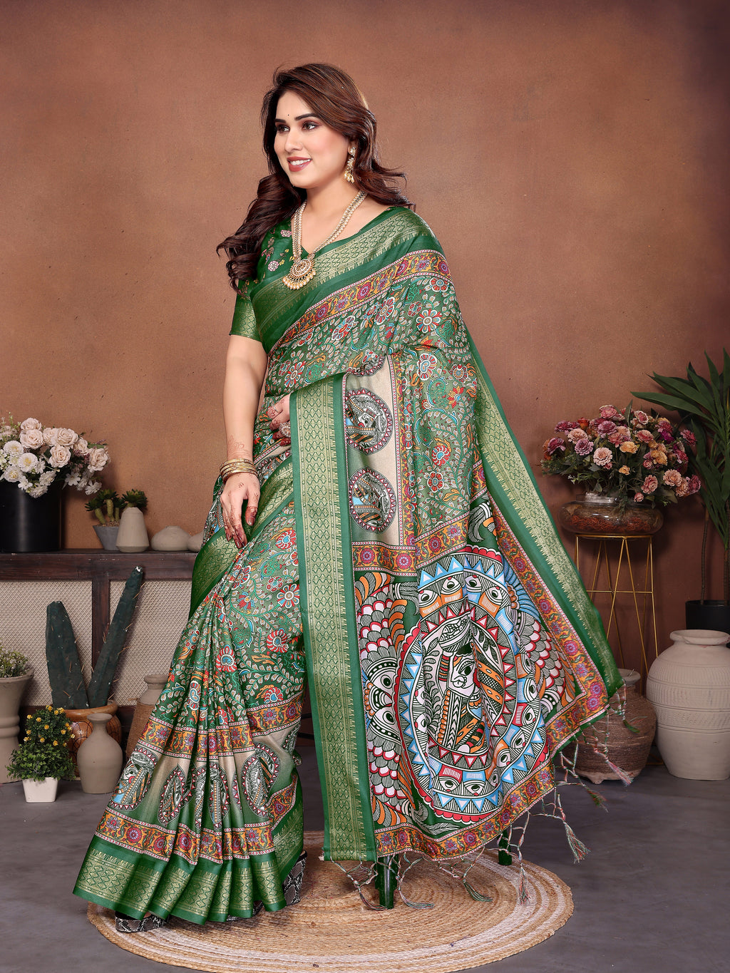 Green Multicolour Cotton Silk Saree with Digital Print, Jacquard Border & Tassels