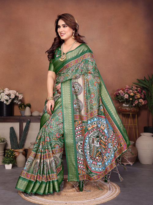 Green Multicolour Cotton Silk Saree with Digital Print, Jacquard Border & Tassels