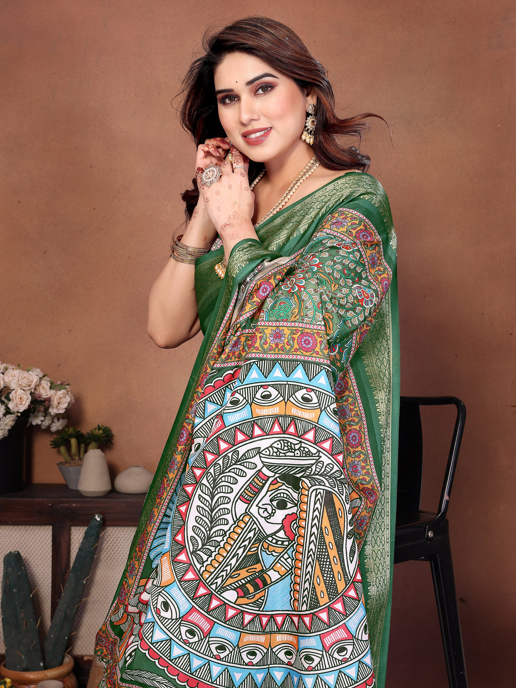 Green Multicolour Cotton Silk Saree with Digital Print, Jacquard Border & Tassels