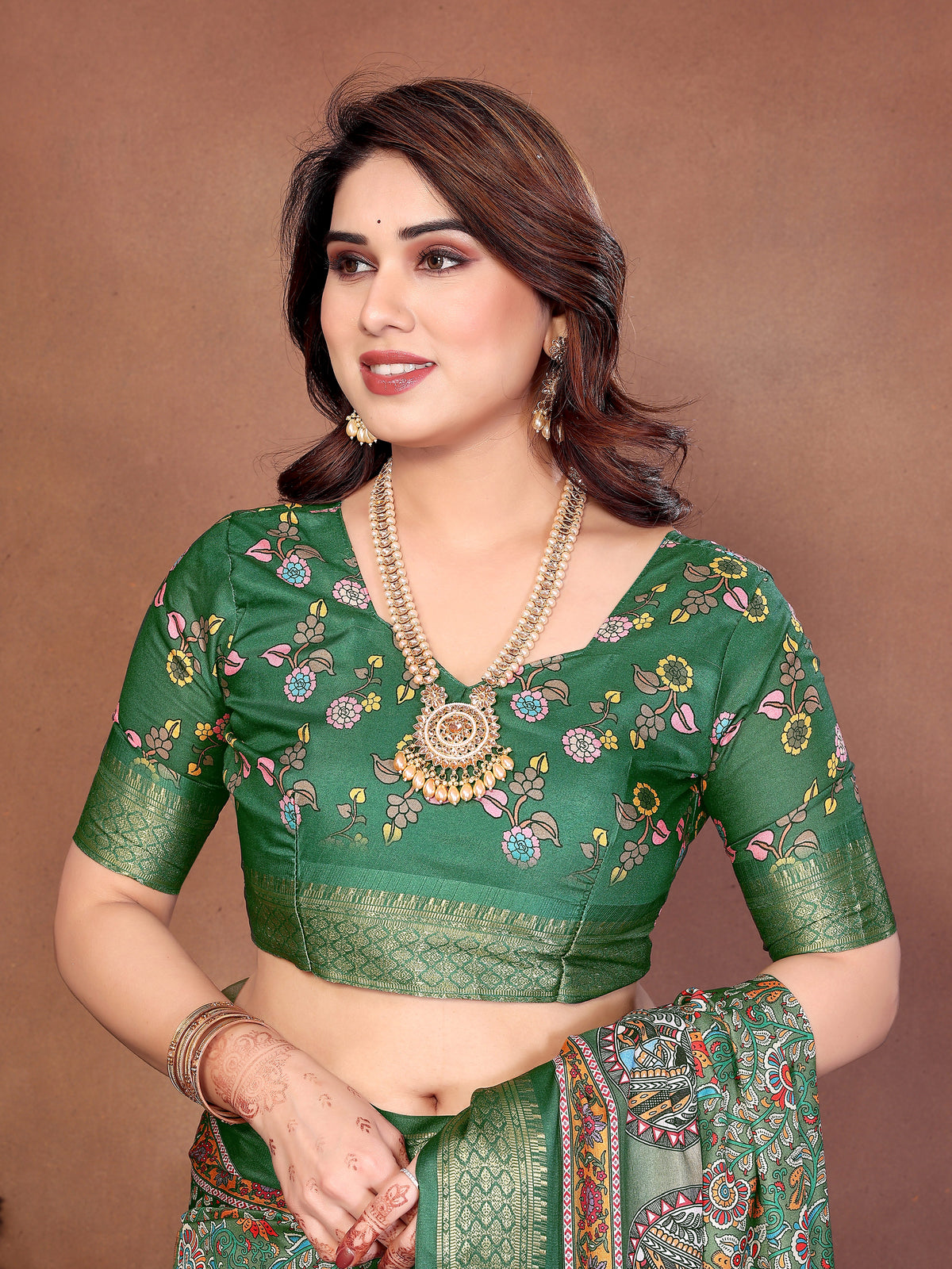 Green Multicolour Cotton Silk Saree with Digital Print, Jacquard Border & Tassels