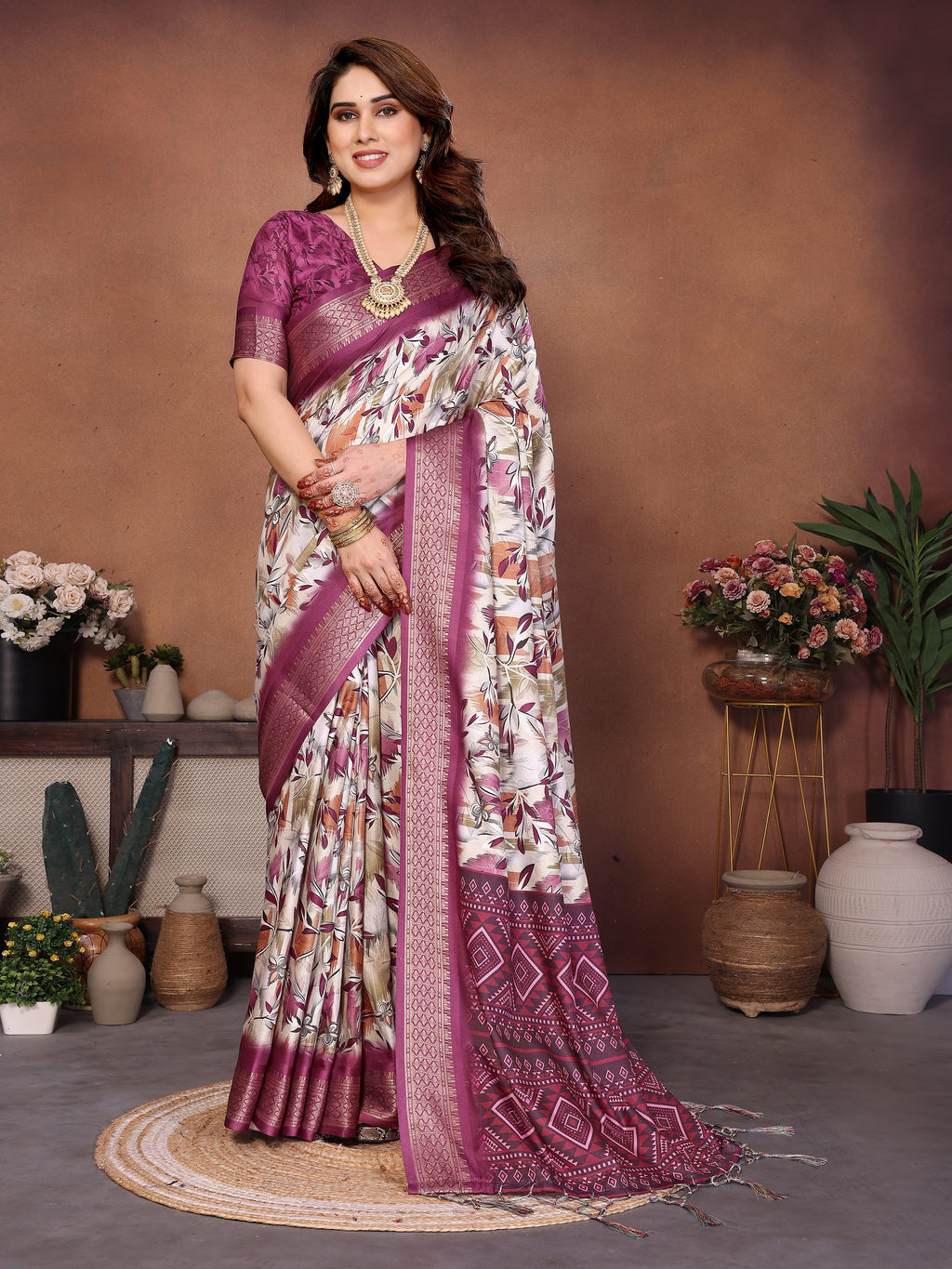 Wine Multicolour Cotton Silk Saree with Digital Print, Jacquard Border & Tassels