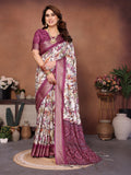 Wine Multicolour Cotton Silk Saree with Digital Print, Jacquard Border & Tassels