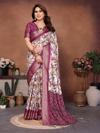 Wine Multicolour Cotton Silk Saree with Digital Print, Jacquard Border & Tassels