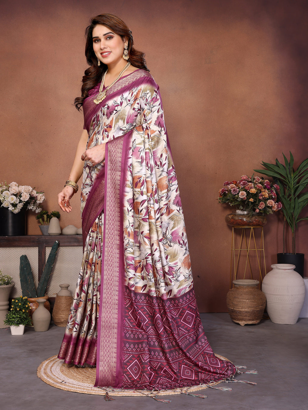 Wine Multicolour Cotton Silk Saree with Digital Print, Jacquard Border & Tassels
