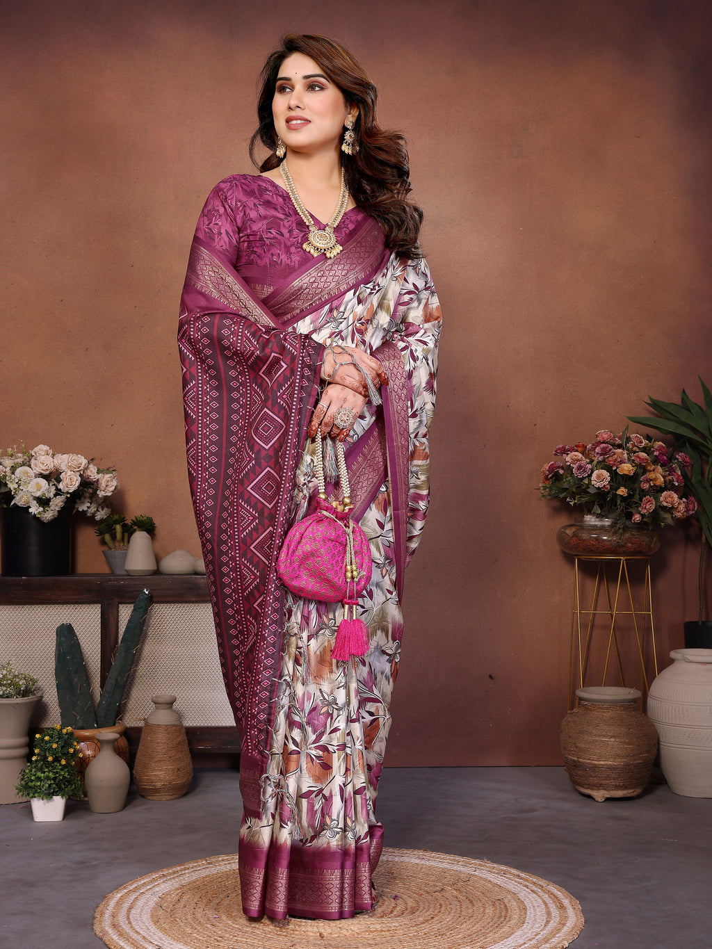 Wine Multicolour Cotton Silk Saree with Digital Print, Jacquard Border & Tassels