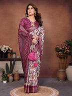 Wine Multicolour Cotton Silk Saree with Digital Print, Jacquard Border & Tassels