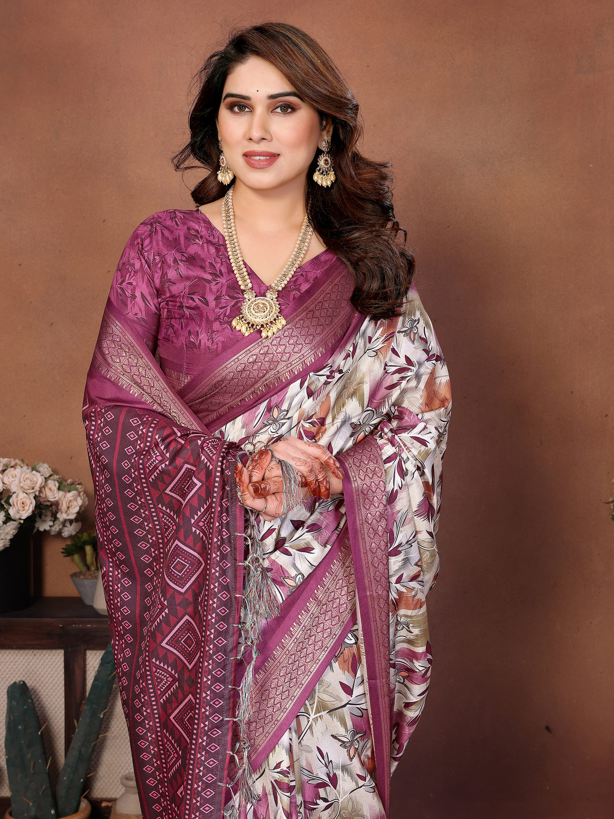 Wine Multicolour Cotton Silk Saree with Digital Print, Jacquard Border & Tassels