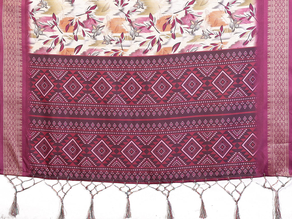 Wine Multicolour Cotton Silk Saree with Digital Print, Jacquard Border & Tassels