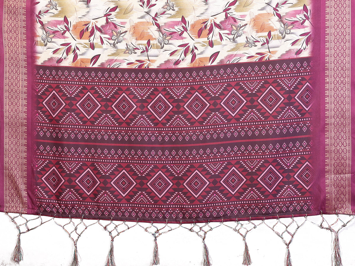 Wine Multicolour Cotton Silk Saree with Digital Print, Jacquard Border & Tassels