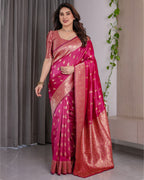 Rani Pink Banarasi Style Lichi Silk Saree with Gold Zari Woven Border & Blouse Piece