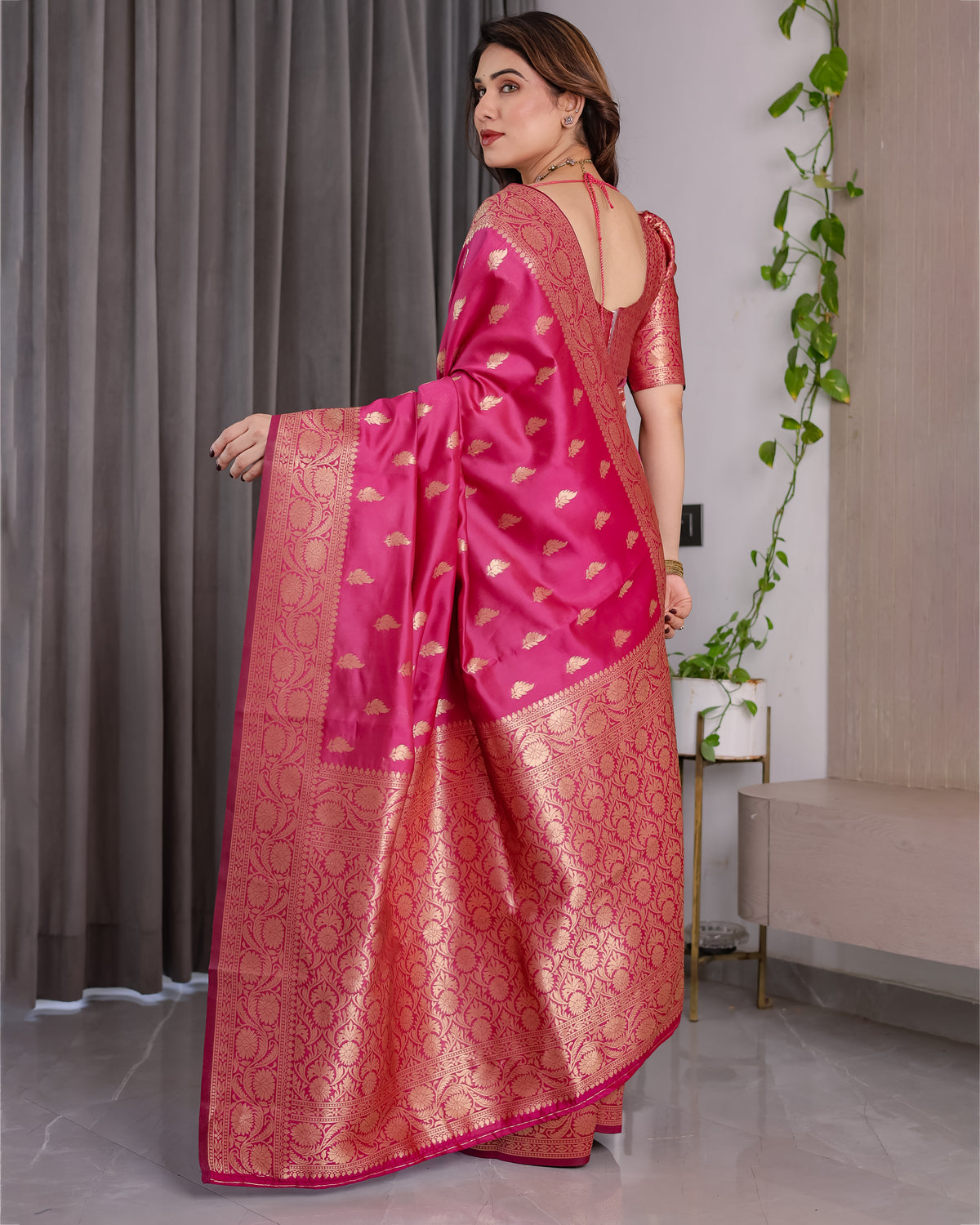 Rani Pink Banarasi Style Lichi Silk Saree with Gold Zari Woven Border & Blouse Piece