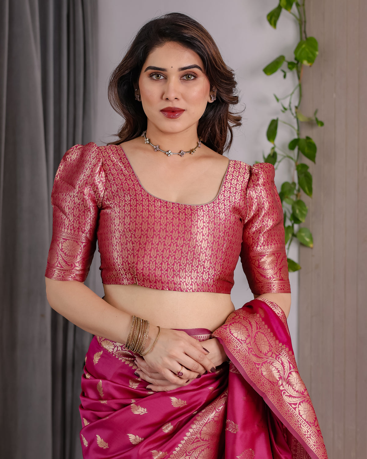 Rani Pink Banarasi Style Lichi Silk Saree with Gold Zari Woven Border & Blouse Piece