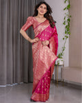 Rani Pink Banarasi Style Lichi Silk Saree with Gold Zari Woven Border & Blouse Piece