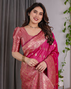 Rani Pink Banarasi Style Lichi Silk Saree with Gold Zari Woven Border & Blouse Piece