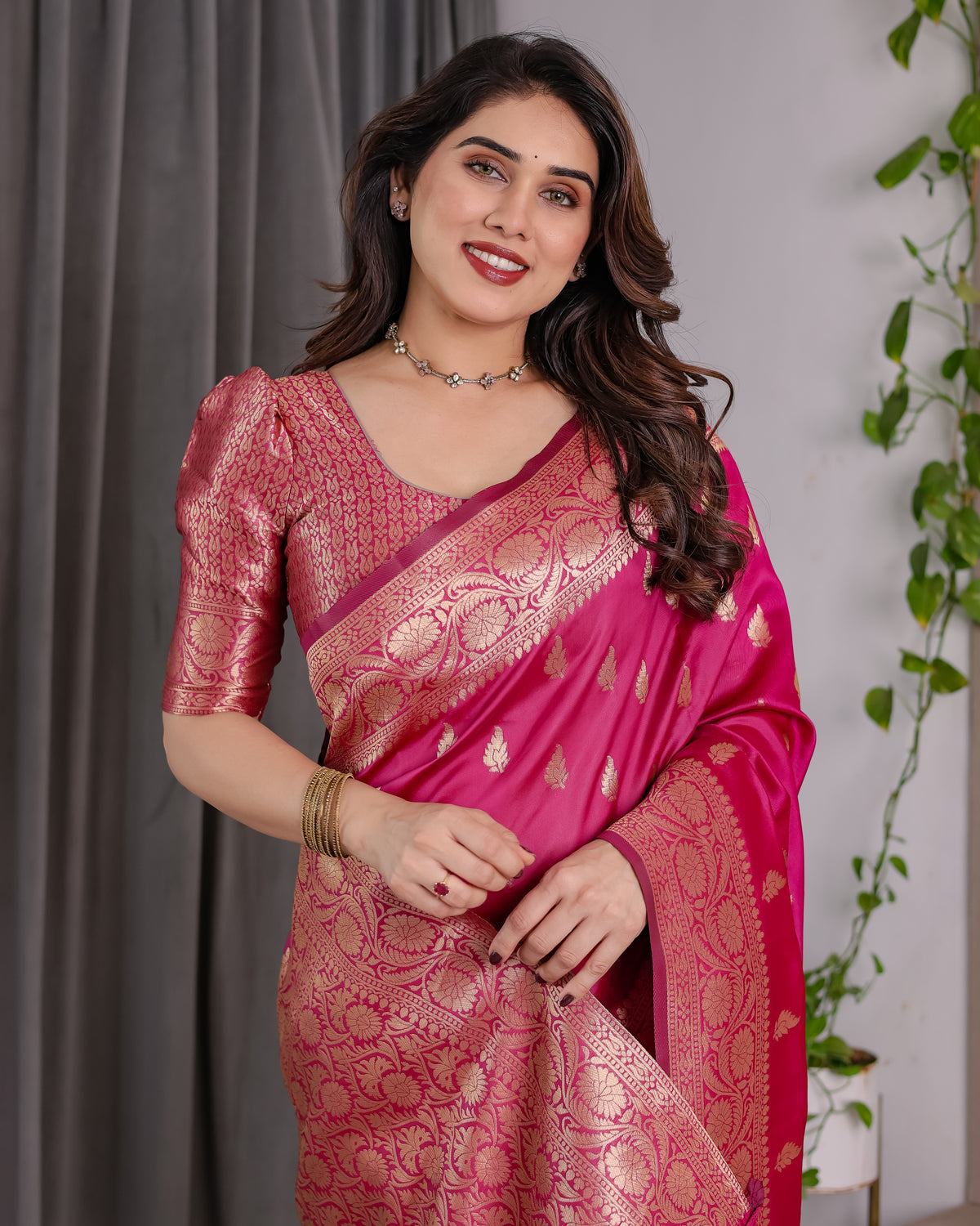 Rani Pink Banarasi Style Lichi Silk Saree with Gold Zari Woven Border & Blouse Piece