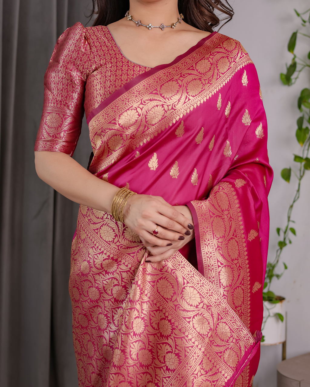 Rani Pink Banarasi Style Lichi Silk Saree with Gold Zari Woven Border & Blouse Piece