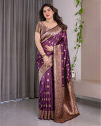 Wine Banarasi Style Lichi Silk Saree with Gold Zari Woven Border & Blouse Piece