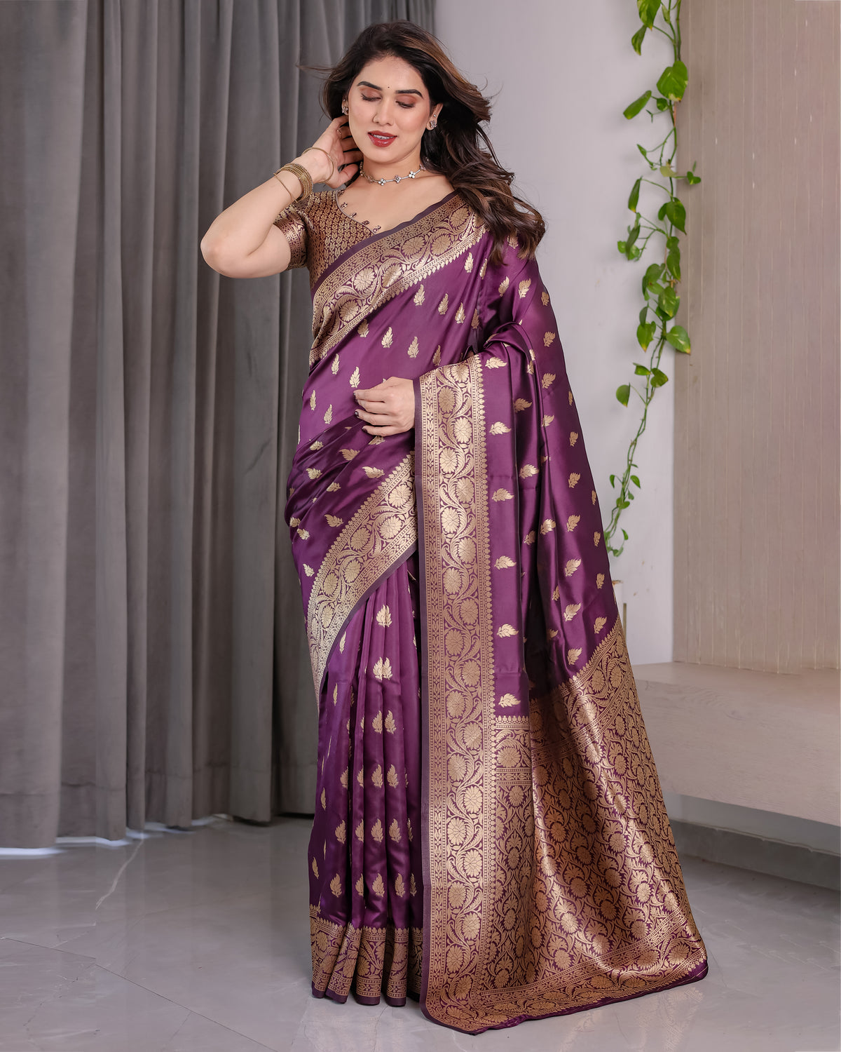 Wine Banarasi Style Lichi Silk Saree with Gold Zari Woven Border & Blouse Piece