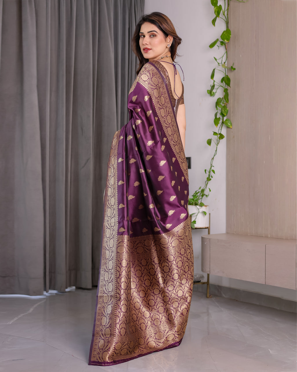 Wine Banarasi Style Lichi Silk Saree with Gold Zari Woven Border & Blouse Piece