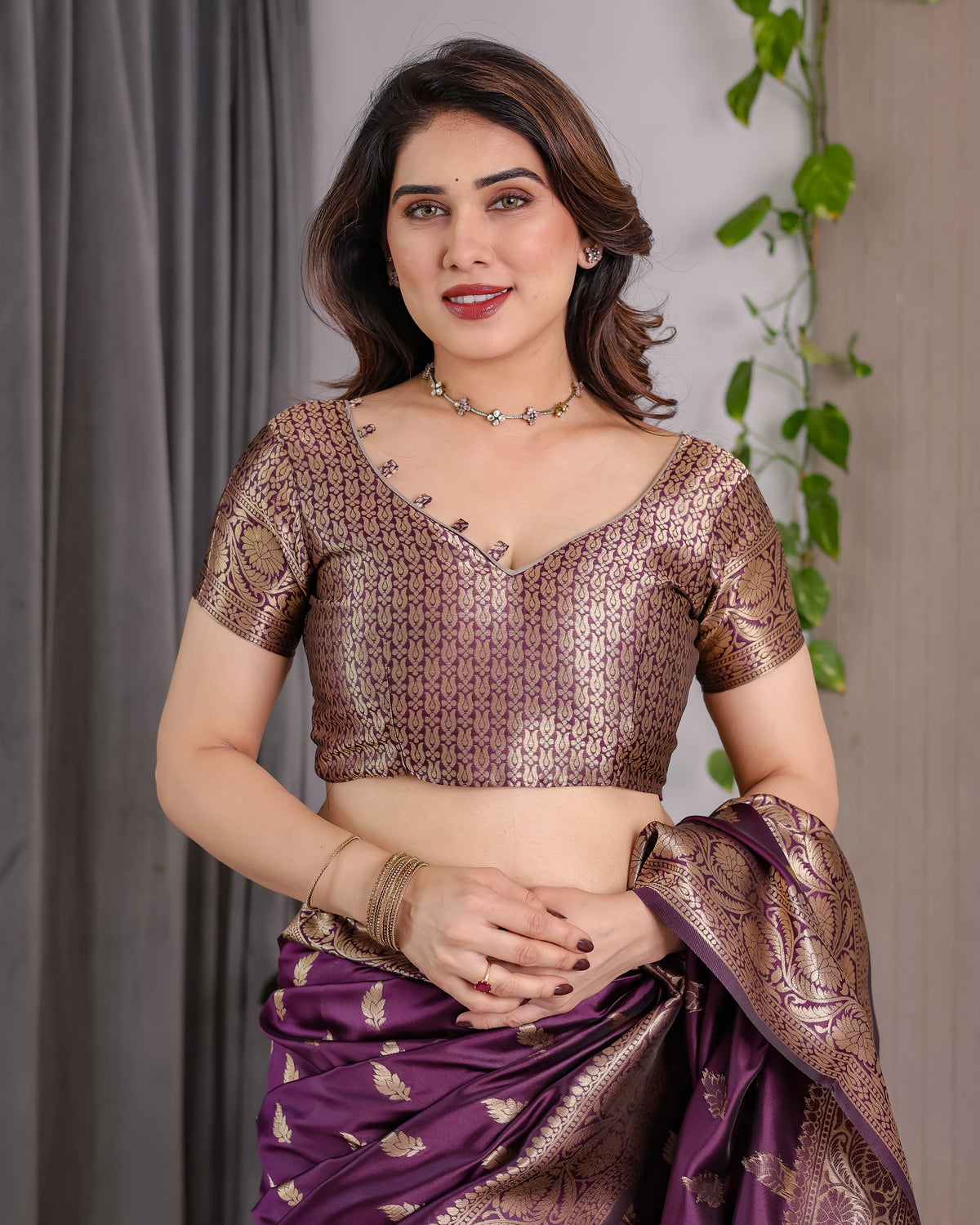 Wine Banarasi Style Lichi Silk Saree with Gold Zari Woven Border & Blouse Piece