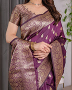 Wine Banarasi Style Lichi Silk Saree with Gold Zari Woven Border & Blouse Piece