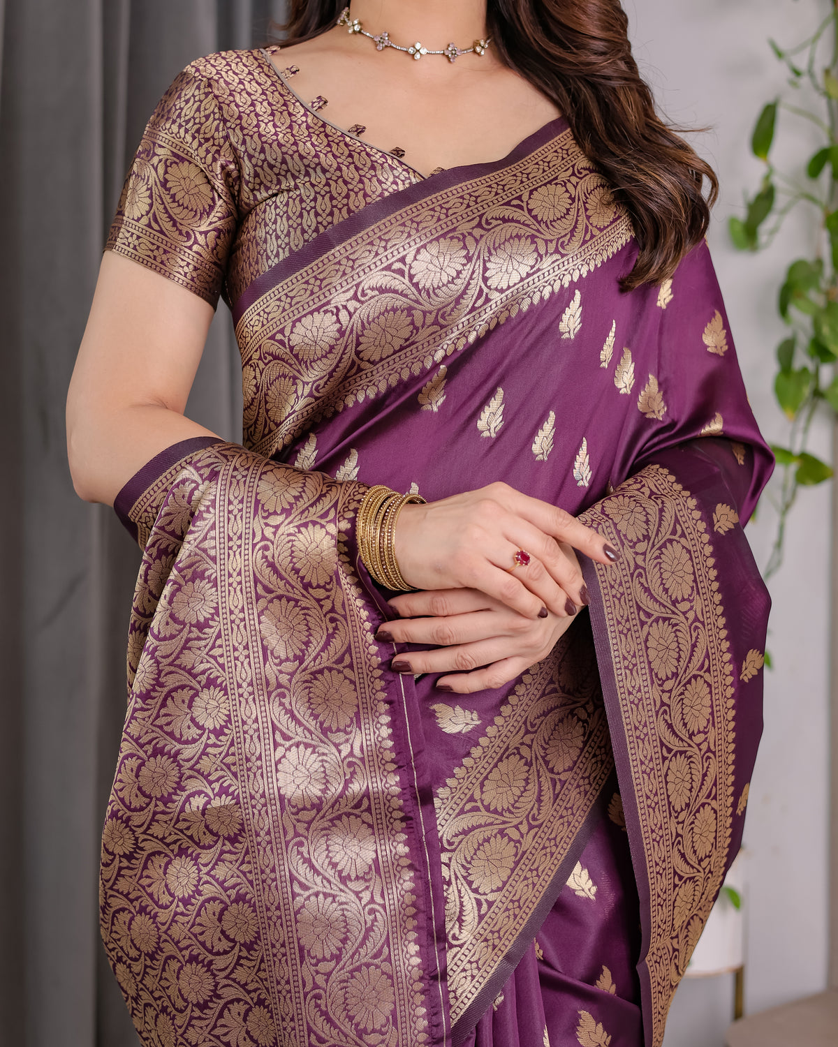 Wine Banarasi Style Lichi Silk Saree with Gold Zari Woven Border & Blouse Piece
