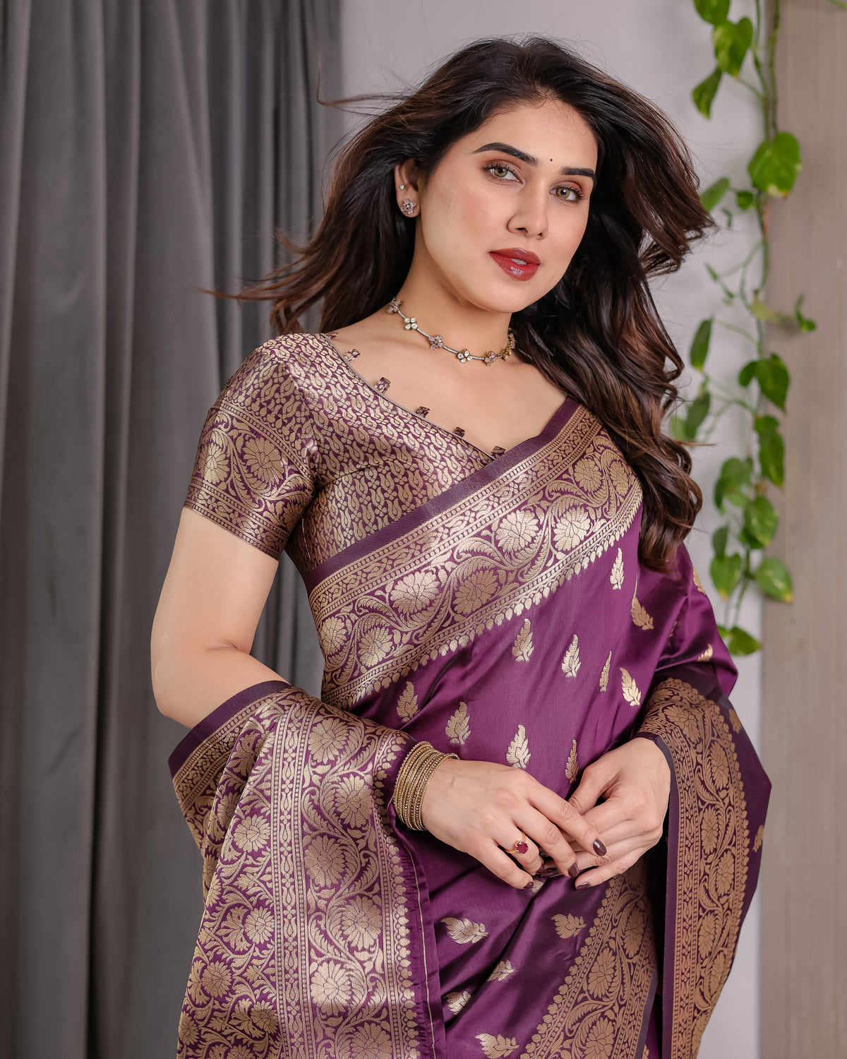Wine Banarasi Style Lichi Silk Saree with Gold Zari Woven Border & Blouse Piece