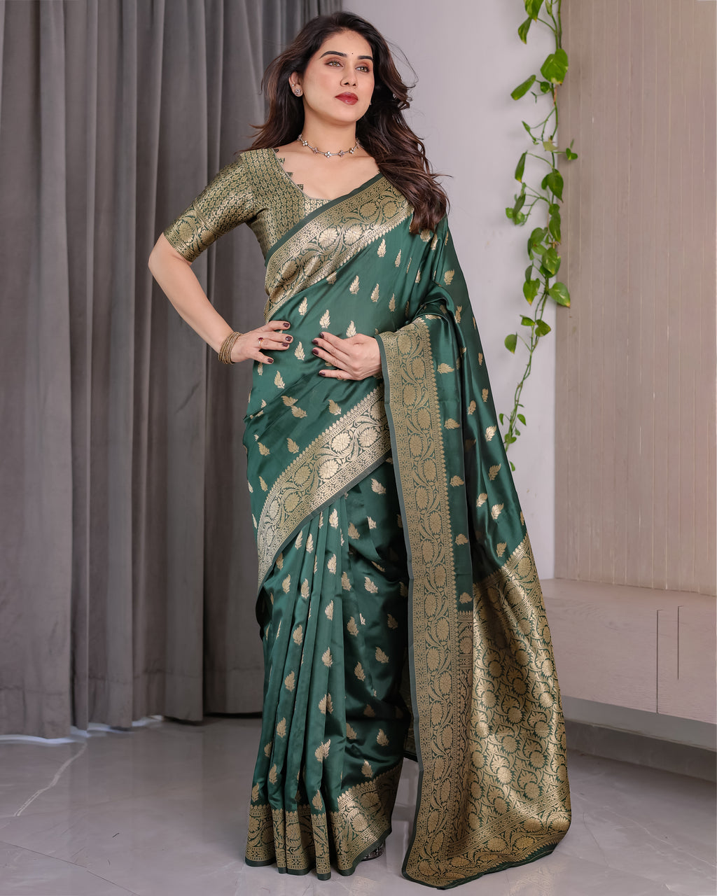 Green Banarasi Style Lichi Silk Saree with Gold Zari Woven Border & Blouse Piece