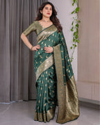 Green Banarasi Style Lichi Silk Saree with Gold Zari Woven Border & Blouse Piece