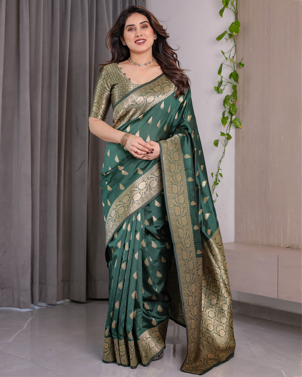 Green Banarasi Style Lichi Silk Saree with Gold Zari Woven Border & Blouse Piece