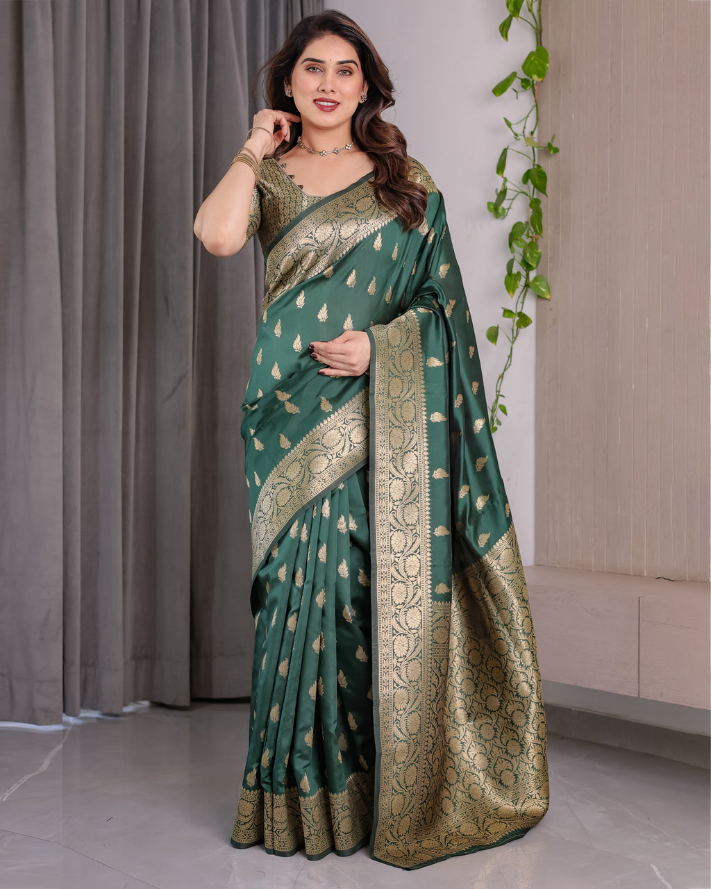 Green Banarasi Style Lichi Silk Saree with Gold Zari Woven Border & Blouse Piece