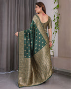 Green Banarasi Style Lichi Silk Saree with Gold Zari Woven Border & Blouse Piece