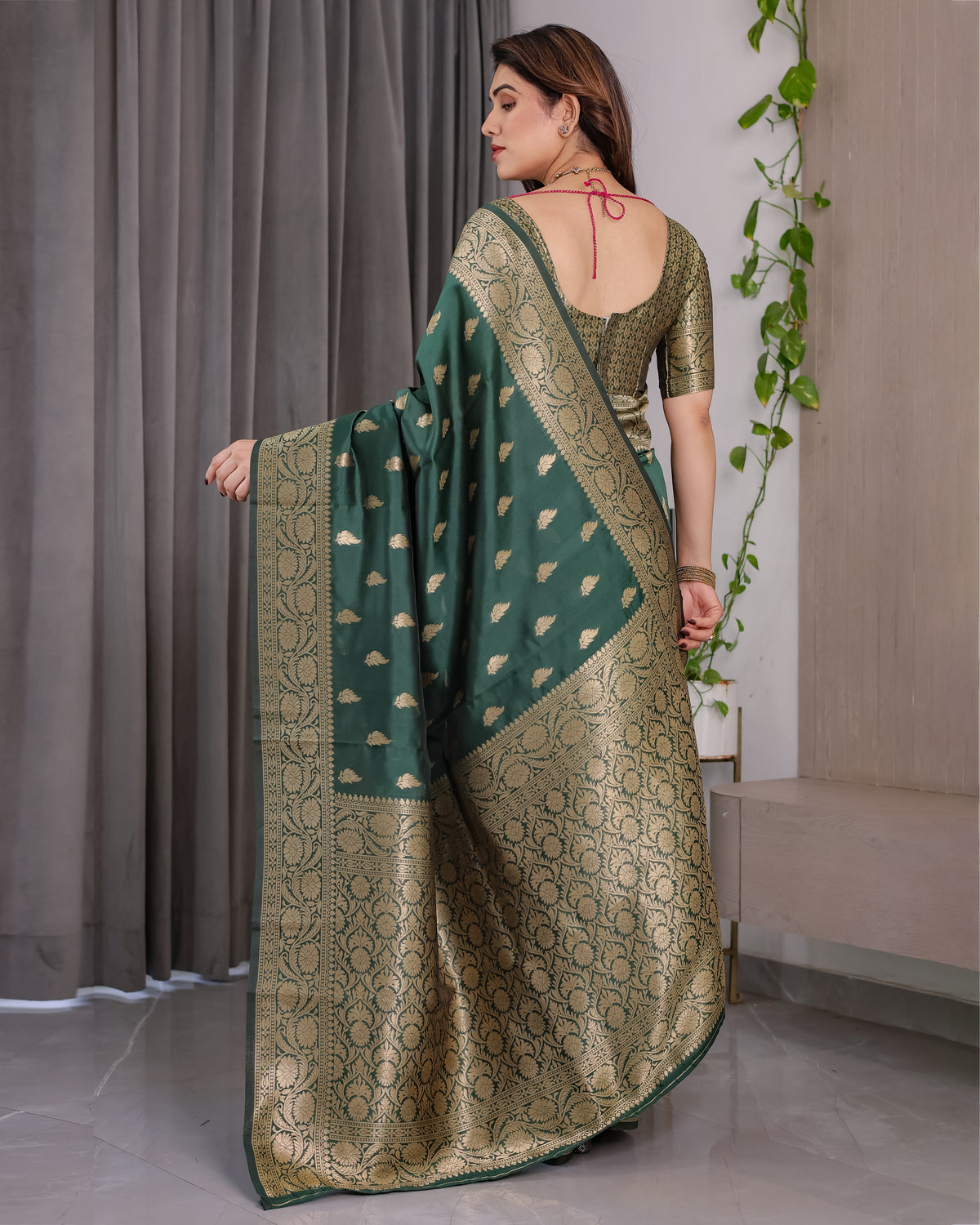 Green Banarasi Style Lichi Silk Saree with Gold Zari Woven Border & Blouse Piece