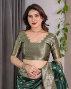 Green Banarasi Style Lichi Silk Saree with Gold Zari Woven Border & Blouse Piece
