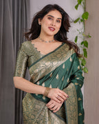 Green Banarasi Style Lichi Silk Saree with Gold Zari Woven Border & Blouse Piece