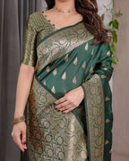 Green Banarasi Style Lichi Silk Saree with Gold Zari Woven Border & Blouse Piece
