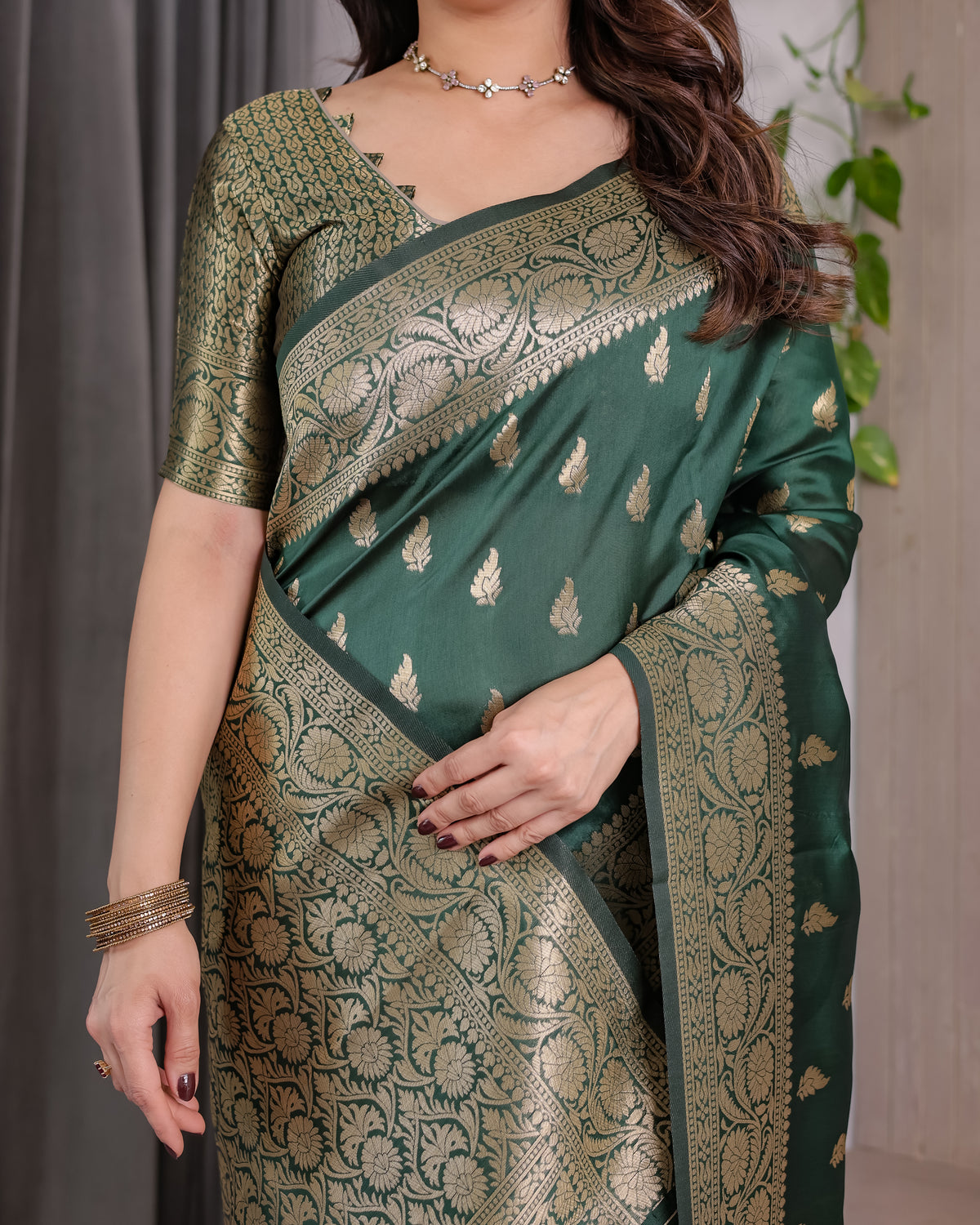 Green Banarasi Style Lichi Silk Saree with Gold Zari Woven Border & Blouse Piece