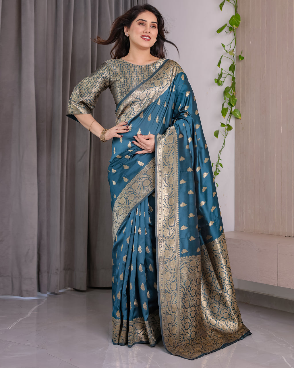 Rama Blue Banarasi Style Lichi Silk Saree with Gold Zari Woven Border & Blouse Piece