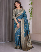 Rama Blue Banarasi Style Lichi Silk Saree with Gold Zari Woven Border & Blouse Piece