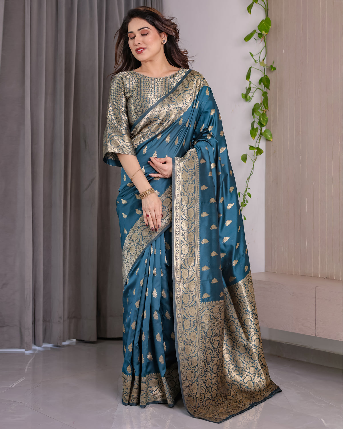 Rama Blue Banarasi Style Lichi Silk Saree with Gold Zari Woven Border & Blouse Piece