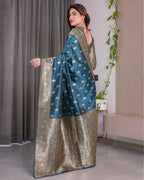 Rama Blue Banarasi Style Lichi Silk Saree with Gold Zari Woven Border & Blouse Piece