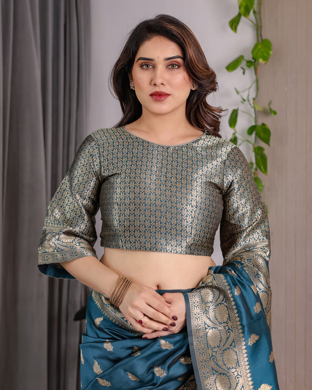 Rama Blue Banarasi Style Lichi Silk Saree with Gold Zari Woven Border & Blouse Piece