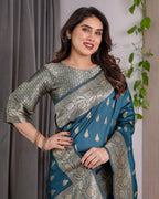 Rama Blue Banarasi Style Lichi Silk Saree with Gold Zari Woven Border & Blouse Piece