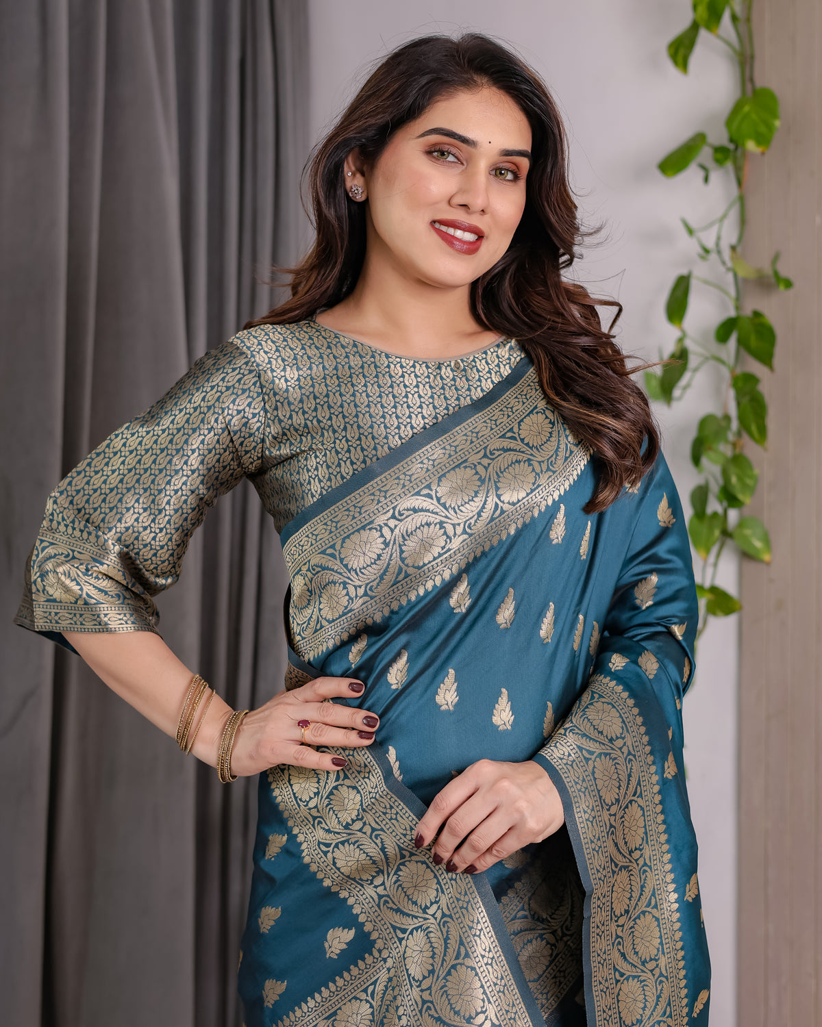 Rama Blue Banarasi Style Lichi Silk Saree with Gold Zari Woven Border & Blouse Piece