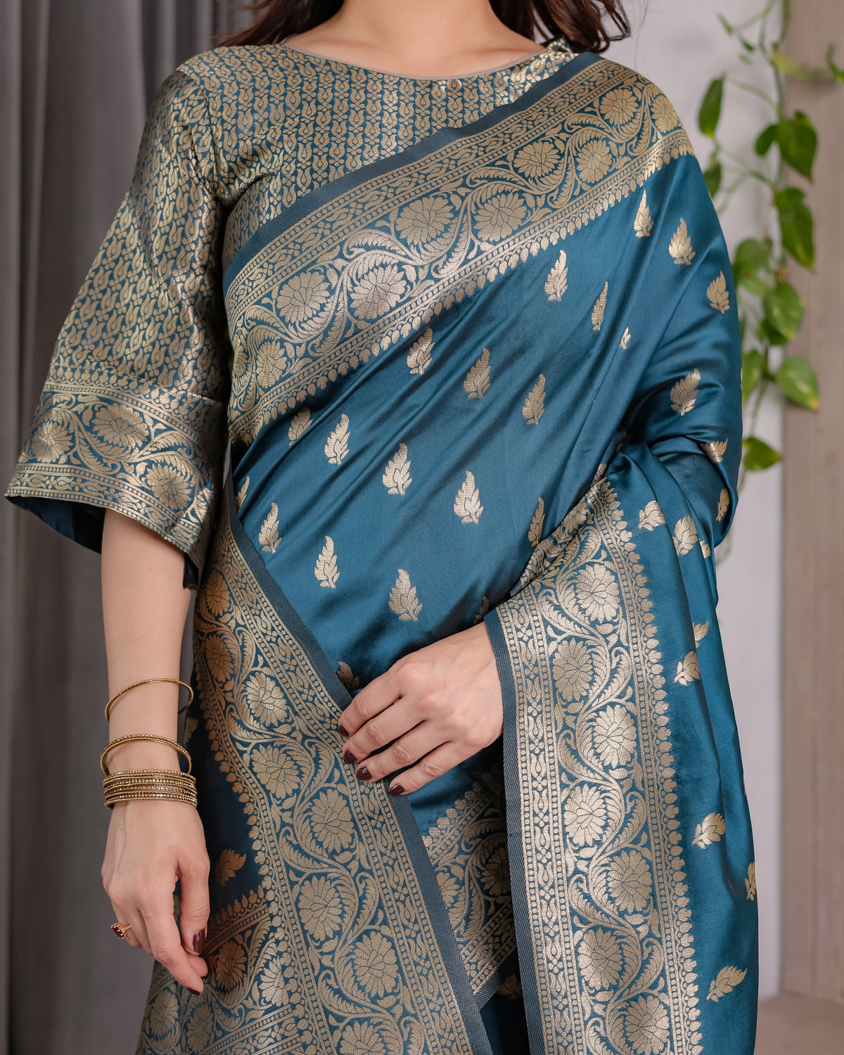 Rama Blue Banarasi Style Lichi Silk Saree with Gold Zari Woven Border & Blouse Piece